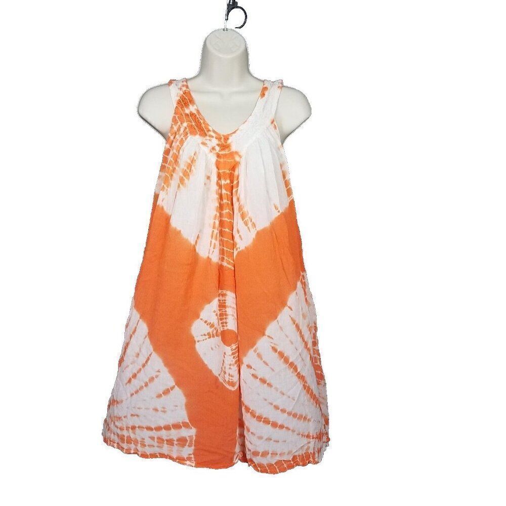 Marine Free Size (M) Orange White Tie Dye Pull On Rayon Knee Length Dress Casual